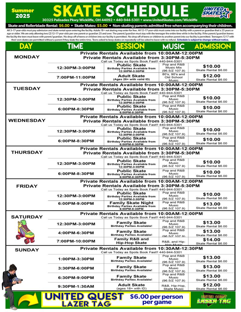 United Skates WIckliffe Summer Schedule 2025