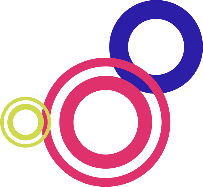 three graphic circles in lime green pink and blue