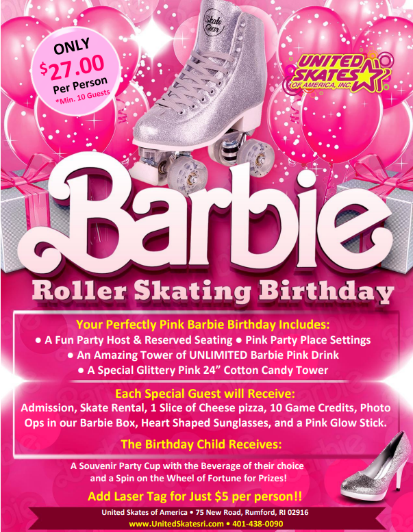 Barbie Skating Party at United Skates including Admission, Skate Rentals, 10 Game Credits, 1 Slice of Pizza, Heart shaped Sunglasses, a pink glow stick, and more for $27 per person