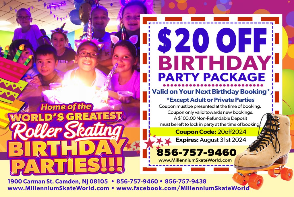 $20 Off any Birthday Party Package for kids parties at Millennium Skate World