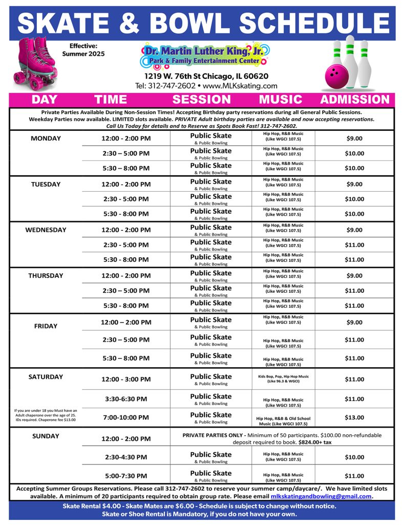 MLK Skating Summer Schedule 2025
