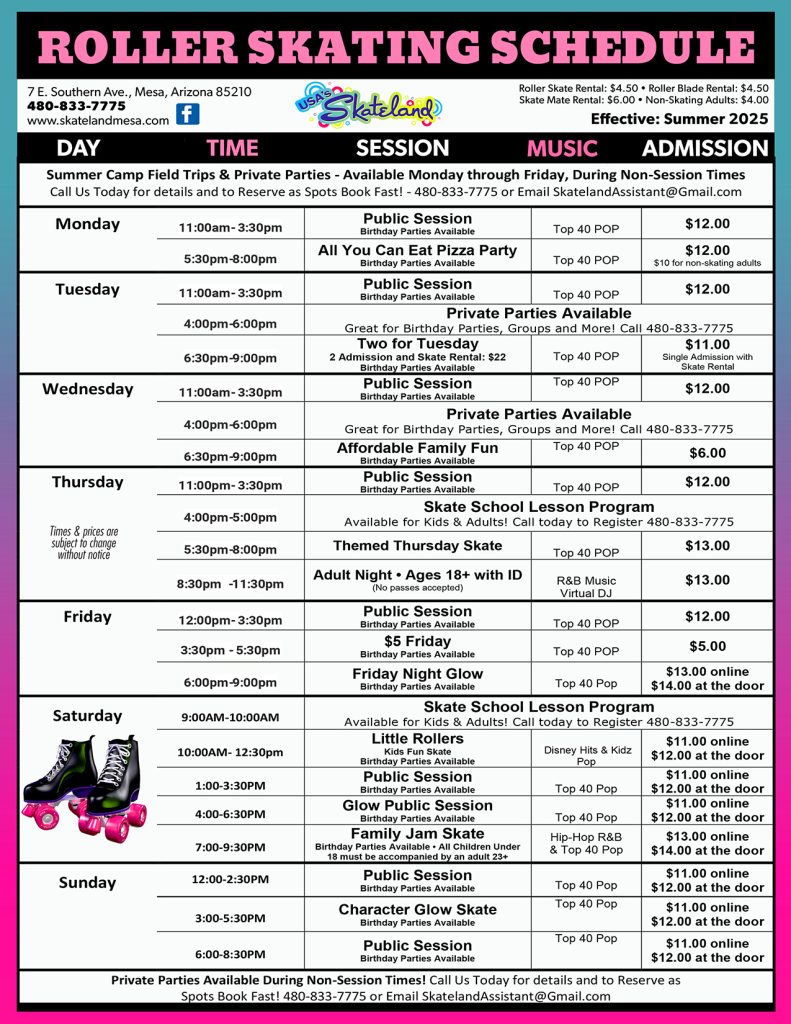 Skateland Mesa Summer Schedule 2025