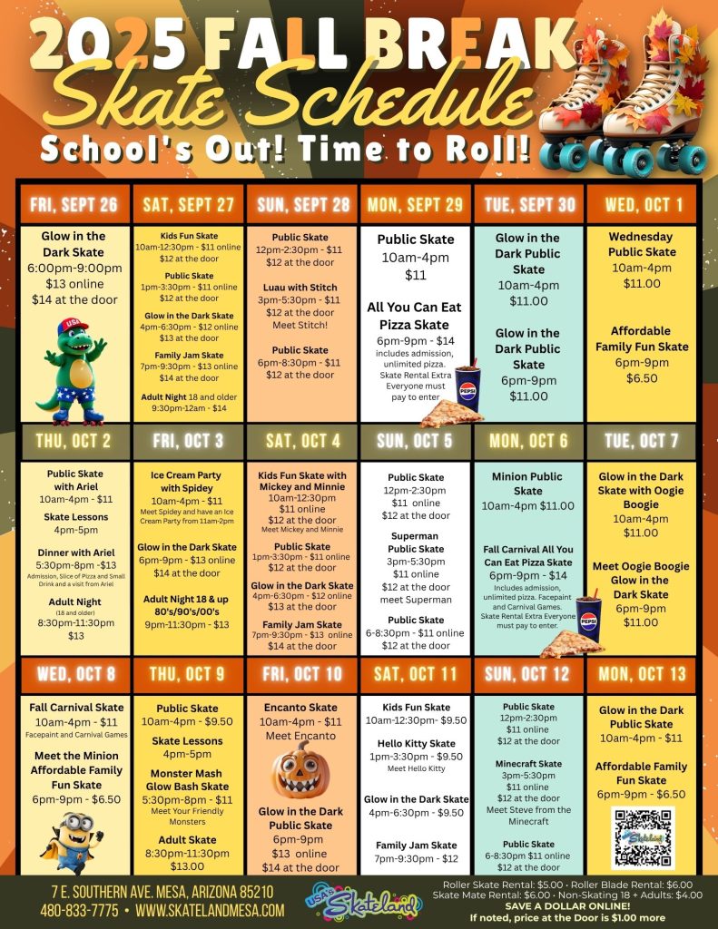 Fall Break Skating Schedule at Skateland Mesa