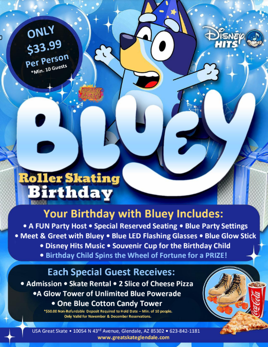 Bluey Birthday Party Package for kids at Great Skate in Glendale AZ