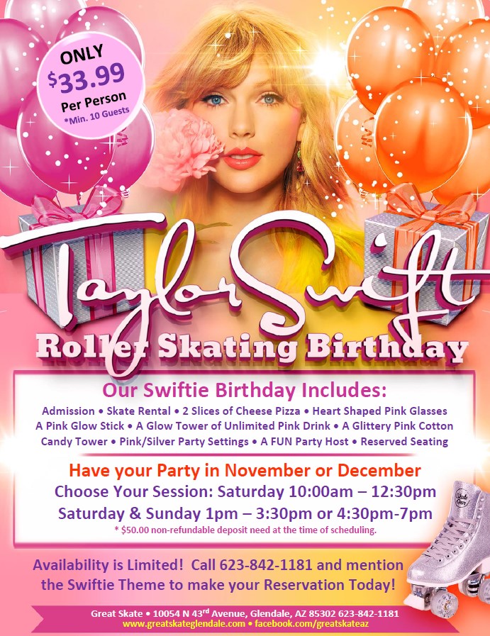 Taylor Swift Birthday Party Package for kids at Great Skate in Glendale AZ