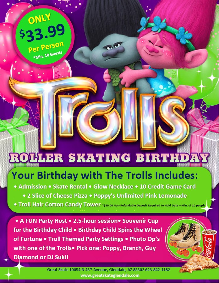 Trolls Birthday Party Package for kids at Great Skate in Glendale AZ