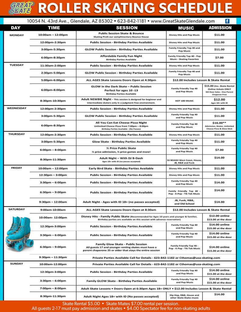 Skate Schedule at Great Skate in Glendale, AZ