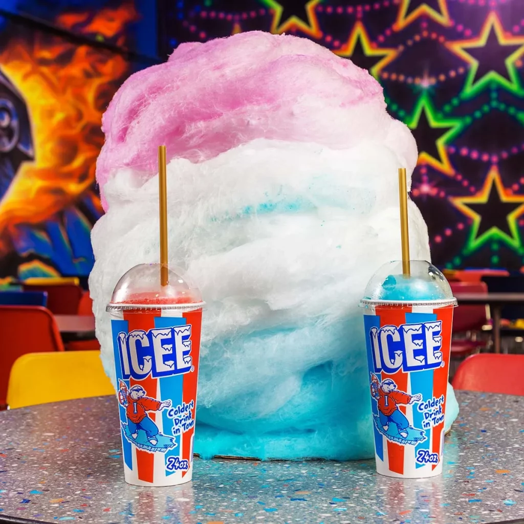 pink, white, and blue cotton candy with two icees