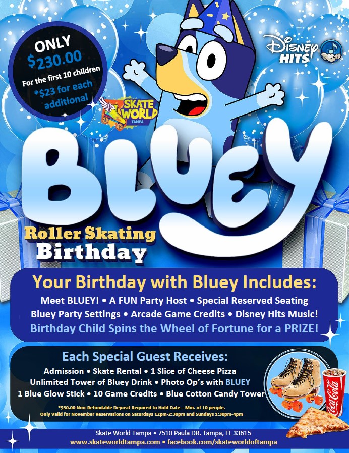 Bluey Birthday Skate Party at Skateworld in Tampa