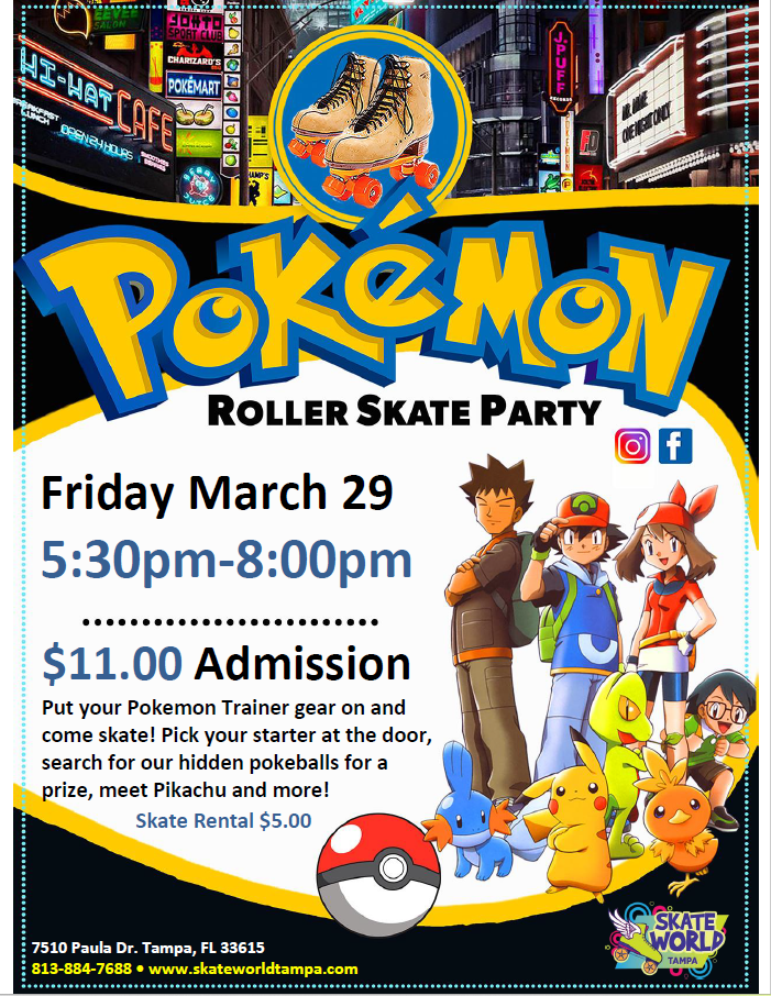 Pokemon Roller Skate Party at Skate World Tampa with Pikachu