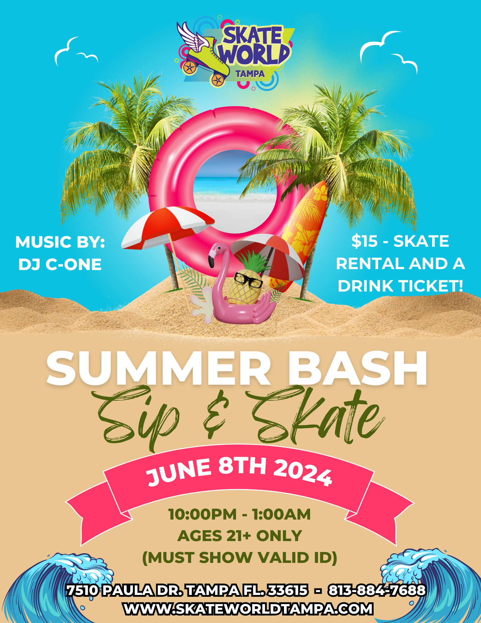 Summer Bash Sip & Skate at Skateworld Tampa for ages 21+