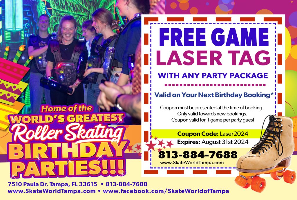 Free Game of Laser Tag with every new birthday party booking at Skate World in Tampa