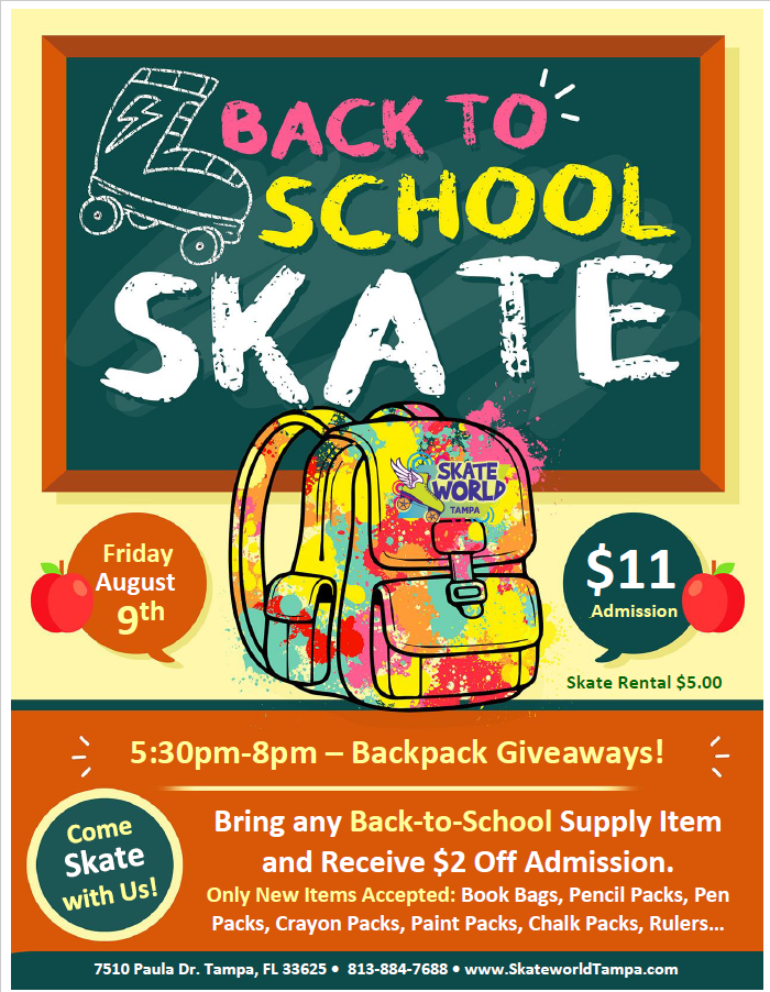 Back to School Skate, Donation Drive and Backpack Giveaway at Skateworld Tampa!
