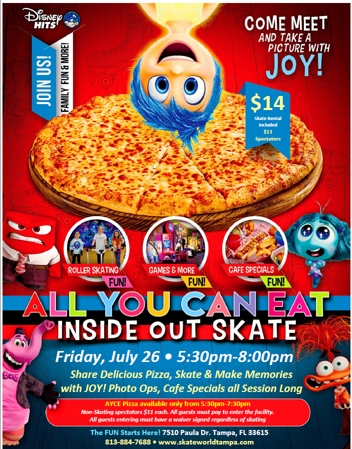 Inside Out all you can eat cheese pizza skate at skate world tampa!