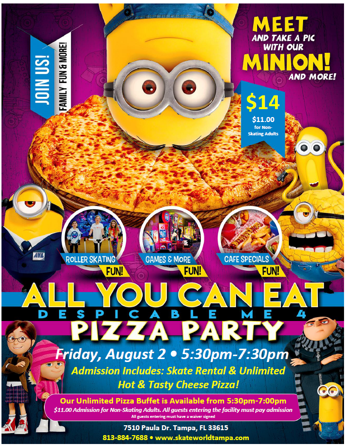 Minions all you can eat cheese pizza skate at skate world tampa!