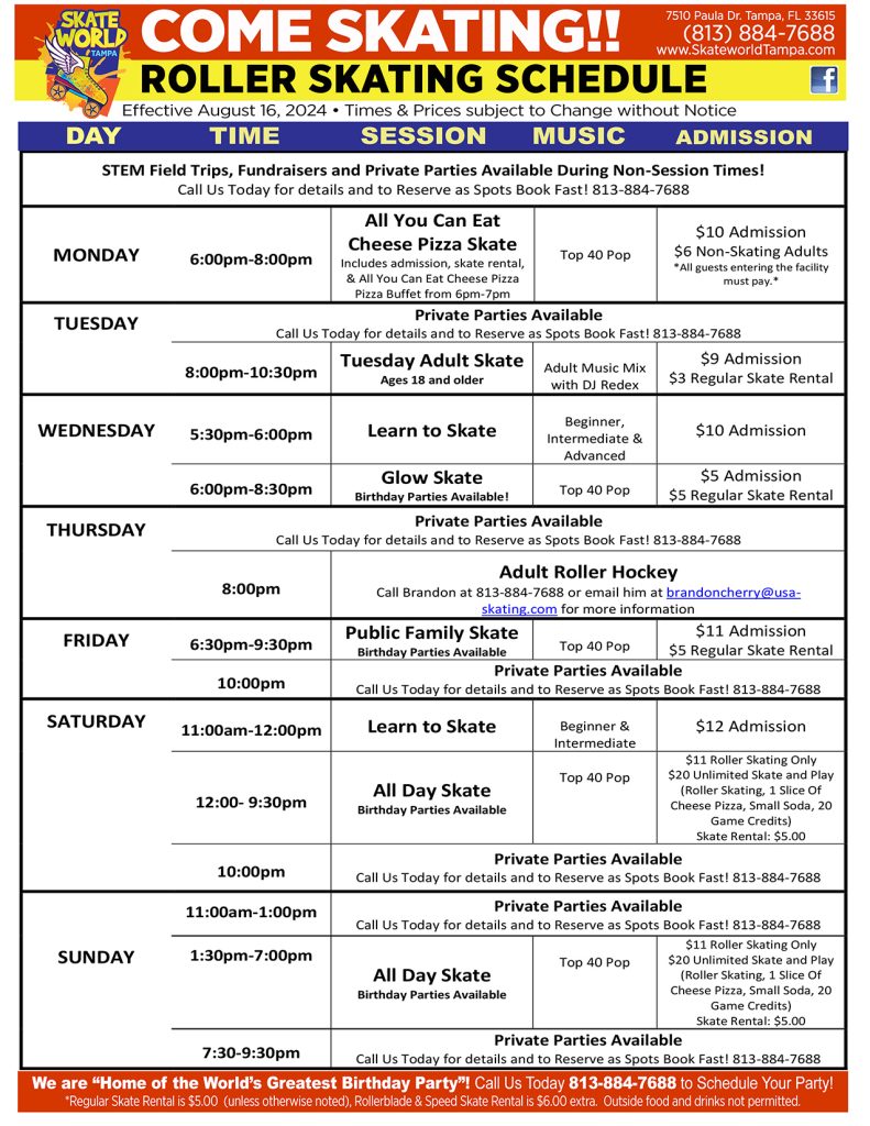 Skateworld Tampa Fall Schedule 2024