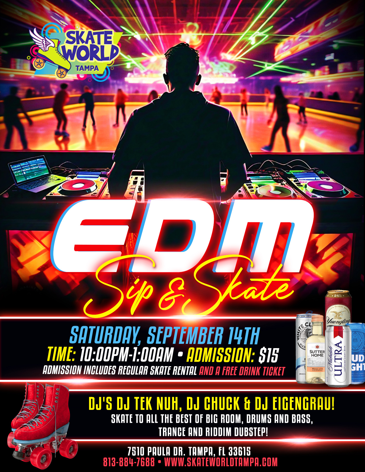 EDM Sip & Skate at Skateworld Tampa for ages 21+! Saturday September 14th 2024