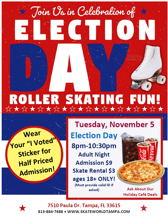 Election Day 2024 adult skate night at skate world tampa