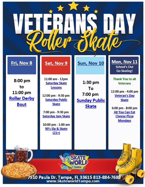 schools out Veterans Day go roller skating at Skateworld Tampa