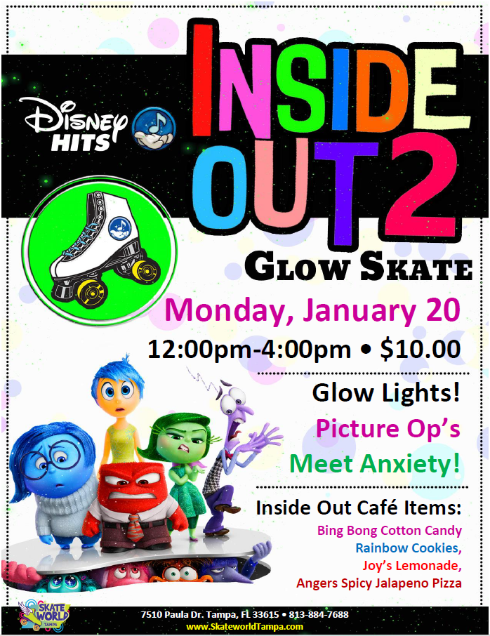 Inside Out 2 Glow Skate at Skateworld Tampa and meet Anxiety!