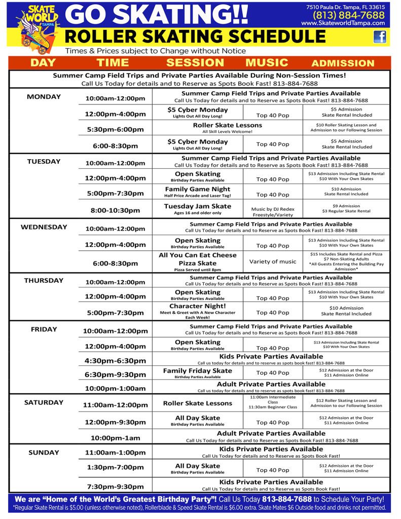 Skate World Summer Schedule 2025