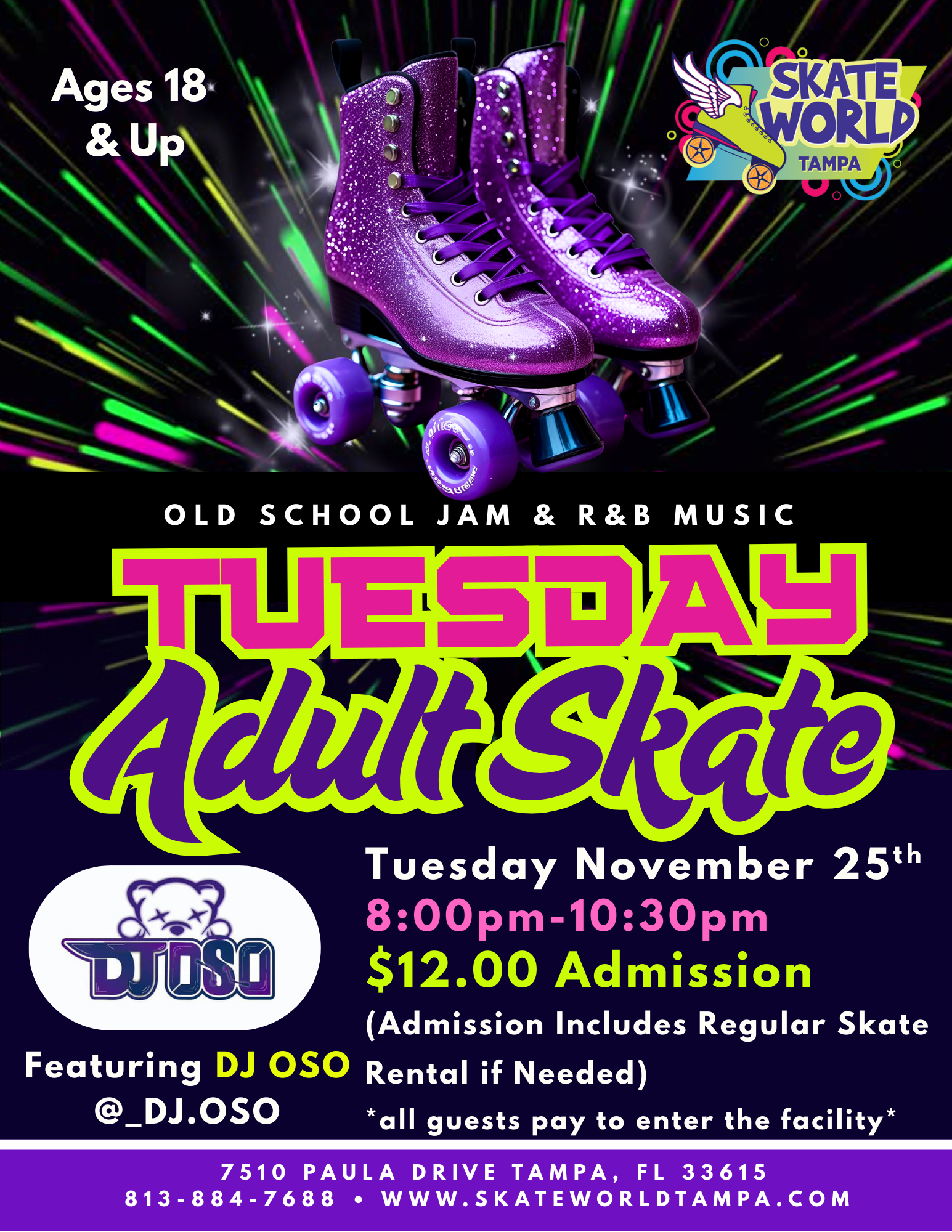 Fall Thanksgiving Break Adult Skating at Skateworld Tampa for ages 18 and older featuring DJ OSO