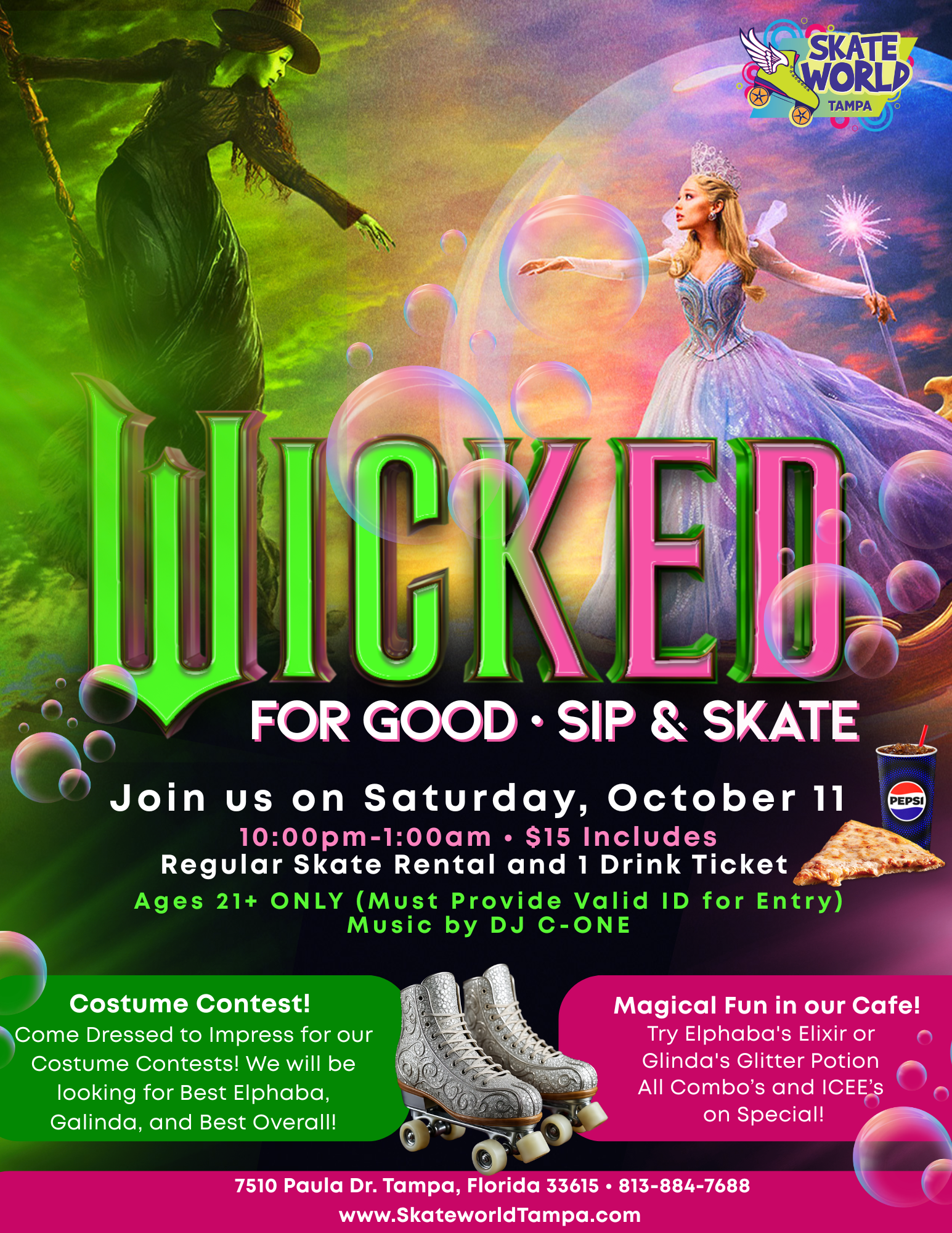 Wicked For Good Sip & Skate at Skateworld Tampa for adults ages 21+