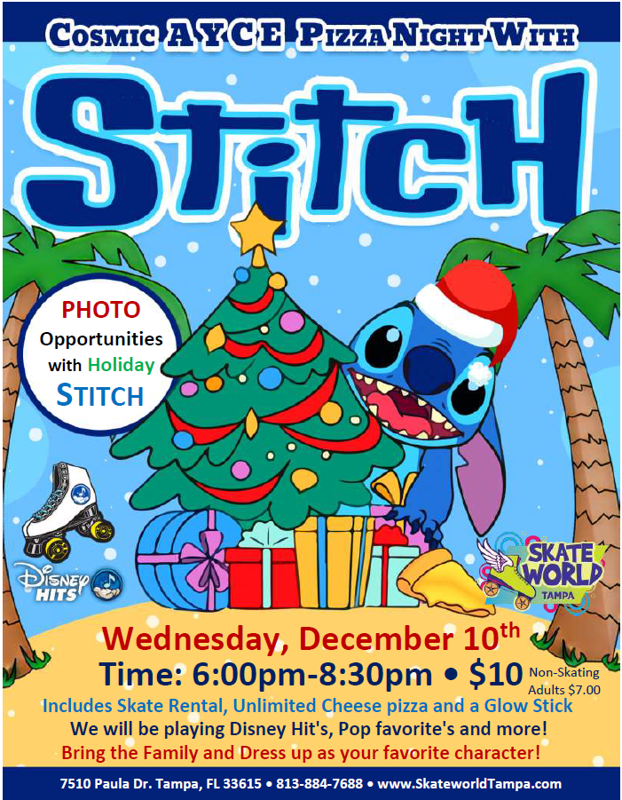 all you can eat cheese pizza skating and laser tag with Stitch!