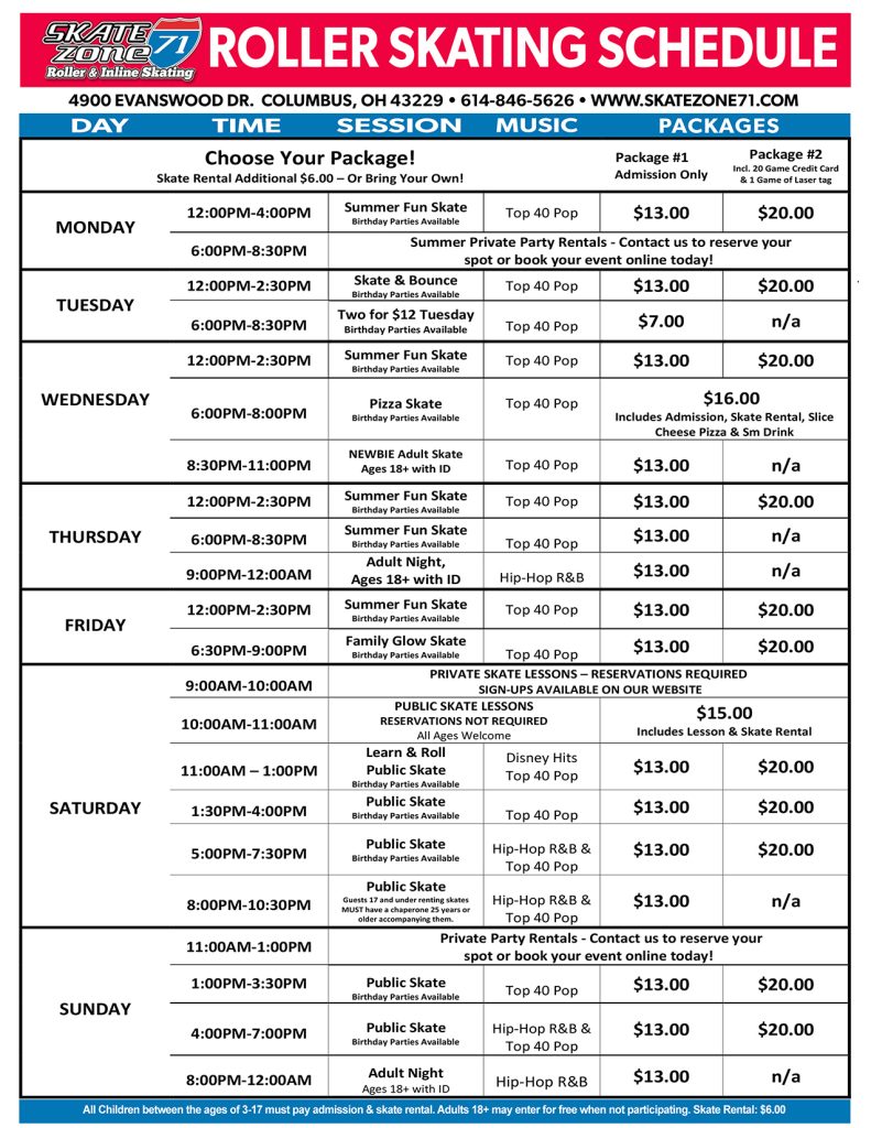 Skate Zone 71 Summer Schedule 2025