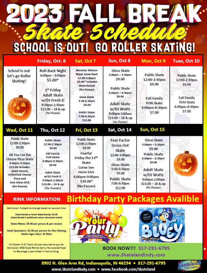 Fall Break School is our Roller Skating Schedule at Skateland in Indy